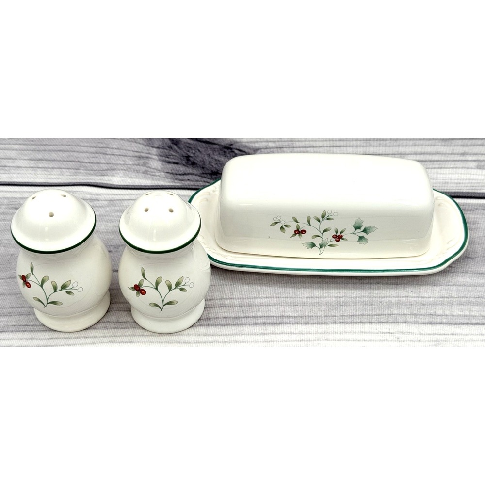 PFALTZGRAFF WINTERBERRY BUTTER DISH AND SALT & PEPPER - HOLIDAY HOLLY / BERRY